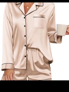 Satin Two-Piece Pajama Set - Cream with Black Trim